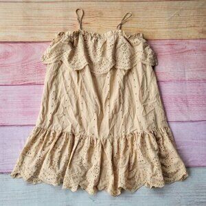 Moon River Cream Flounce Neckline Eyelet Mini Dress Size M Summer Boho